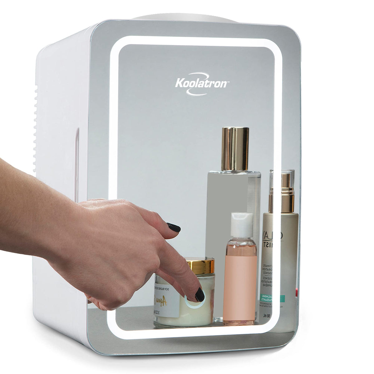 Koolatron Cosmetics Fridge w/Lighted Makeup Mirror 6L Portable Skincare Refrigerator w/LED Ring Light 12 Volt DC and 110 Volt AC Cords Beauty Serum Face Mask Home Travel Hotel Dorm Office