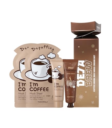 TONYMOLY Deja Brew | 4 PC K-beauty Coffee Skincare Cracker Gift Set 2 Sheet Masks Wash Off Mask Hand Cream