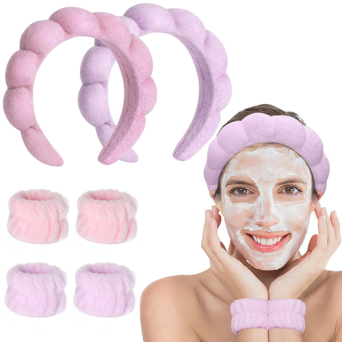 Cenbellr Spa Headband Set for Face Washing - Makeup Headband Wristband and Terry Cloth Bubble Mask for Womens Skincare (pink-purple)