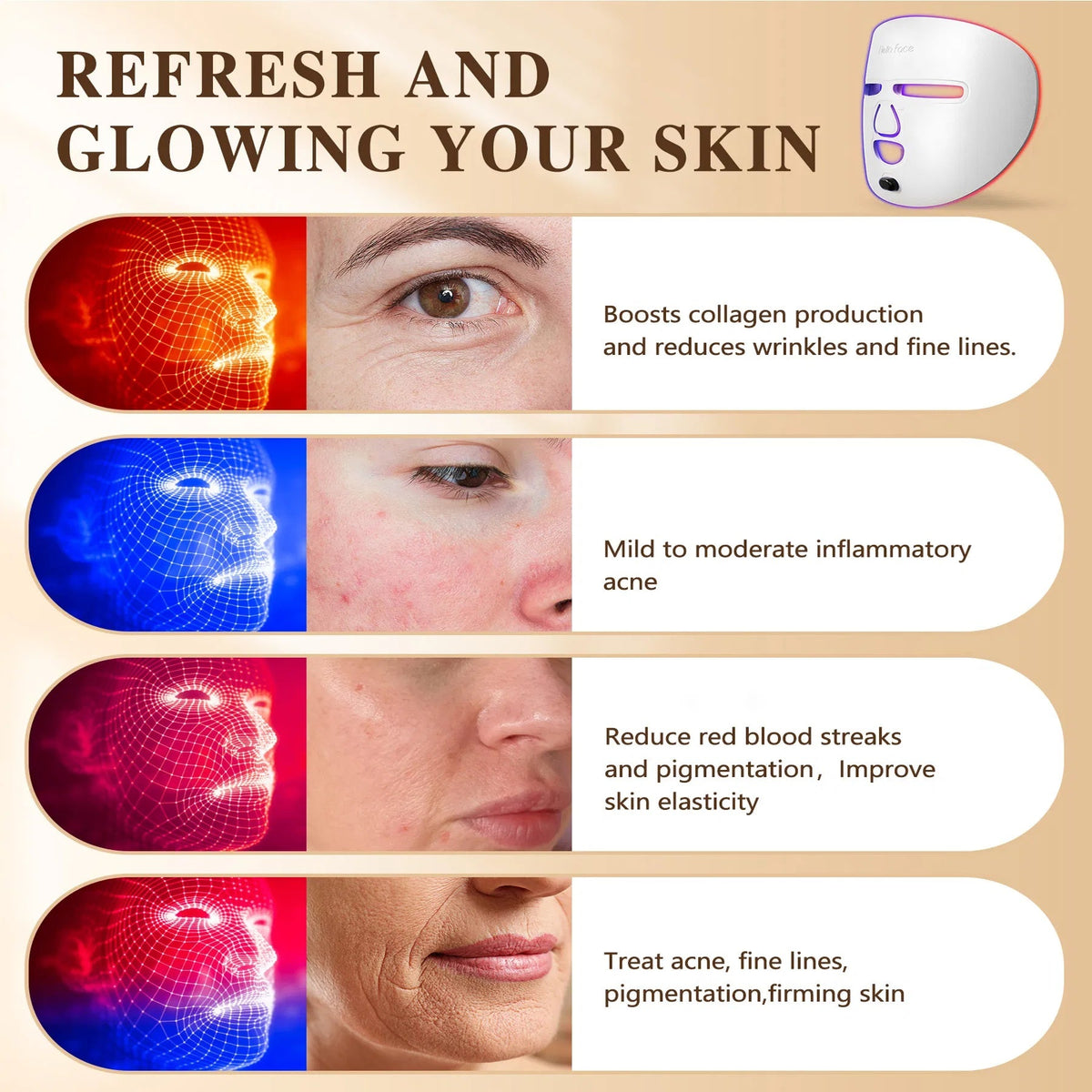 Máscara LED para el Rostro, Herramienta de Cuidado Facial, Mascarilla de Terapia de Luz Roja para el Cuidado de la Piel en Casa y de Viaje