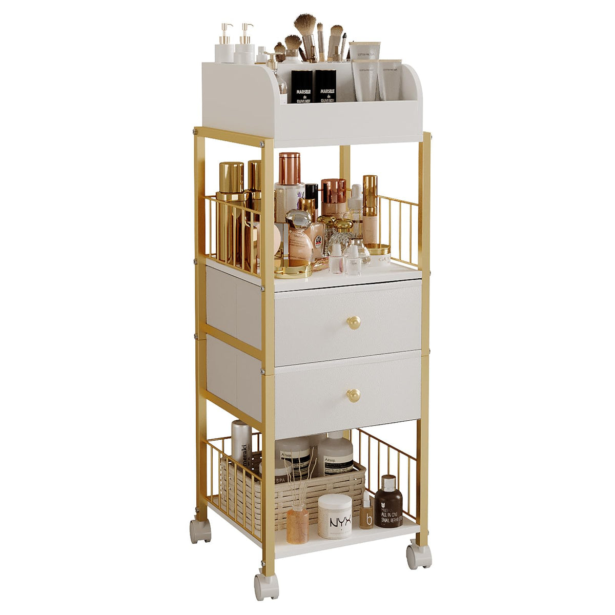 ZQUYAJ Floor Makeup Organizer Cart Large Skincare organizers Make Stand with Drawers Makeup Vanity Organizer Cosmetics Display Cases Holder for Skin Care Nail Polish Perfume Makeup Brush (Gold)