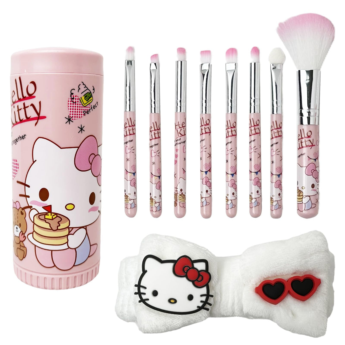 Kawaii Kitty 8PCS Makeup Brush with Storage Bucket and Headband Cartoon Cat Cosmetic Makeup Brush Set Professional Tool Kit Set Brush Set Best Gift for Girl Women