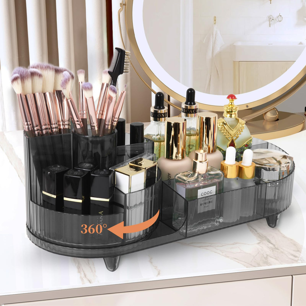 Zufudo Makeup Organizer for Vanity 360 Rotating Plastic Makeup Brush Holder Large Cosmetic Skincare Organizer for Lotion Lipstick Model 8056 Grey