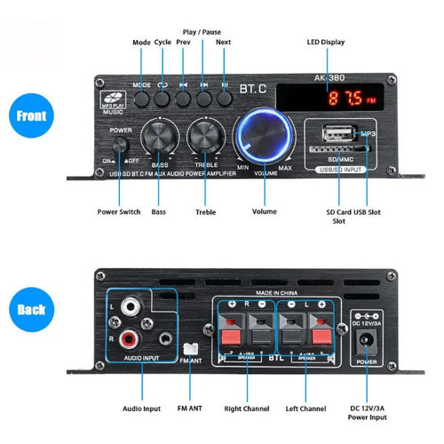 AK380 Bluetooth Car Home 12V Power Amplifier Device